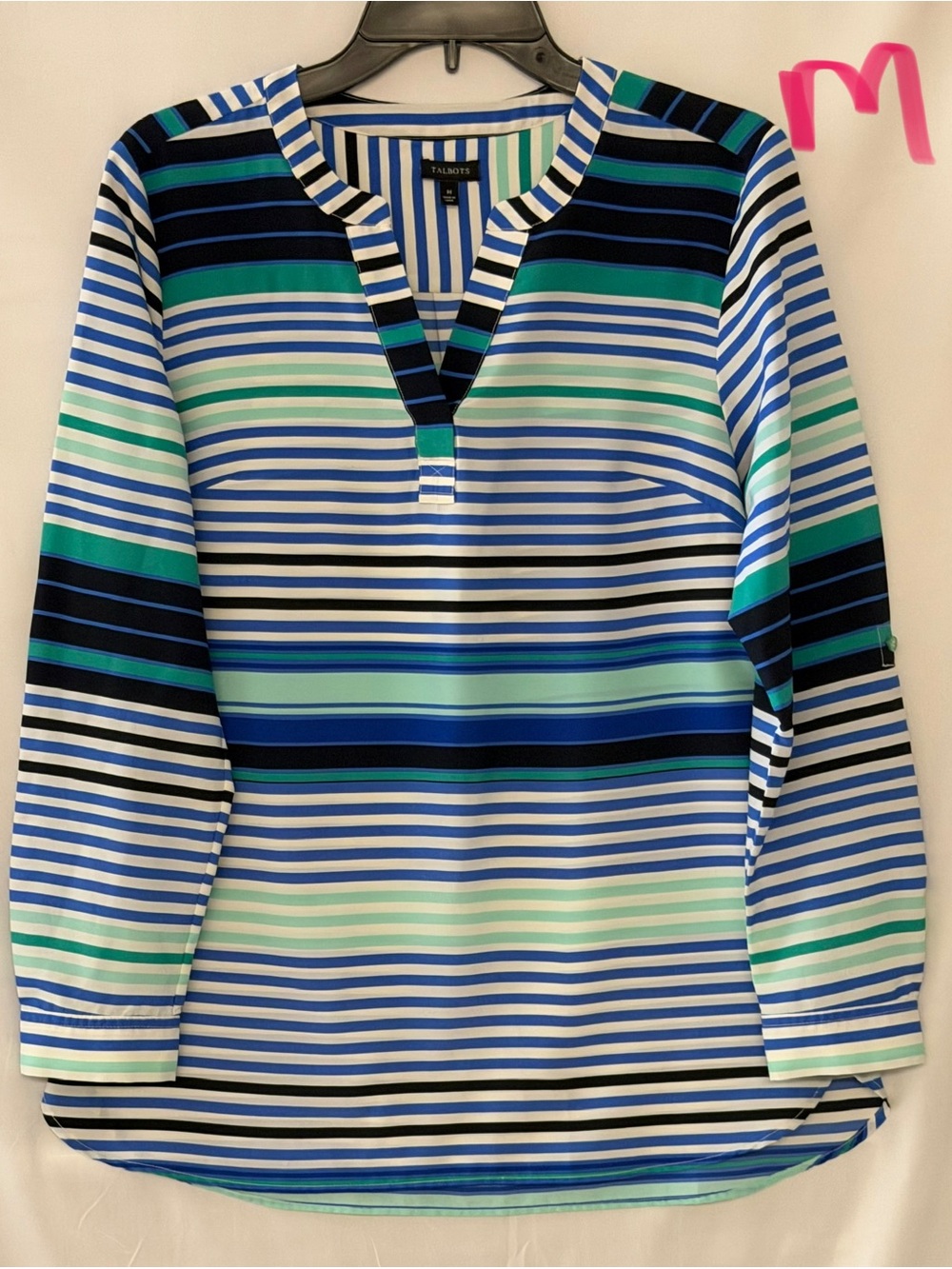 Talbots Blue, Green & White Striped V-Neck Tunic Top